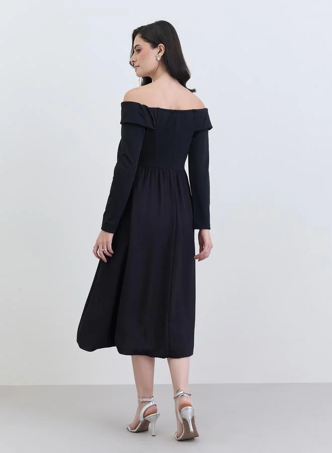 Styli Women Black Off-Shoulder A-Line Midi Dress